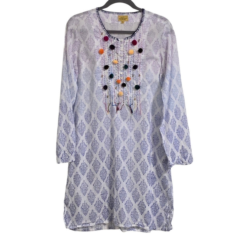 Roberta Roller Rabbit White Blue Pom Pom Tunic Kaftan Cover Up Women Small